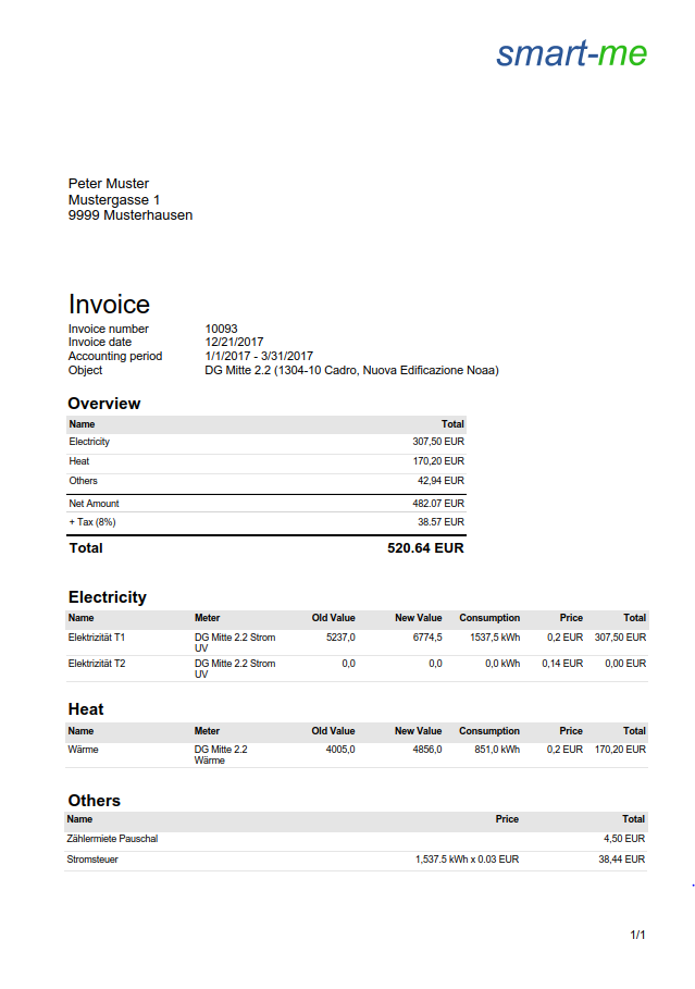 smart-me Billing Tool, Energiekostenabrechnung